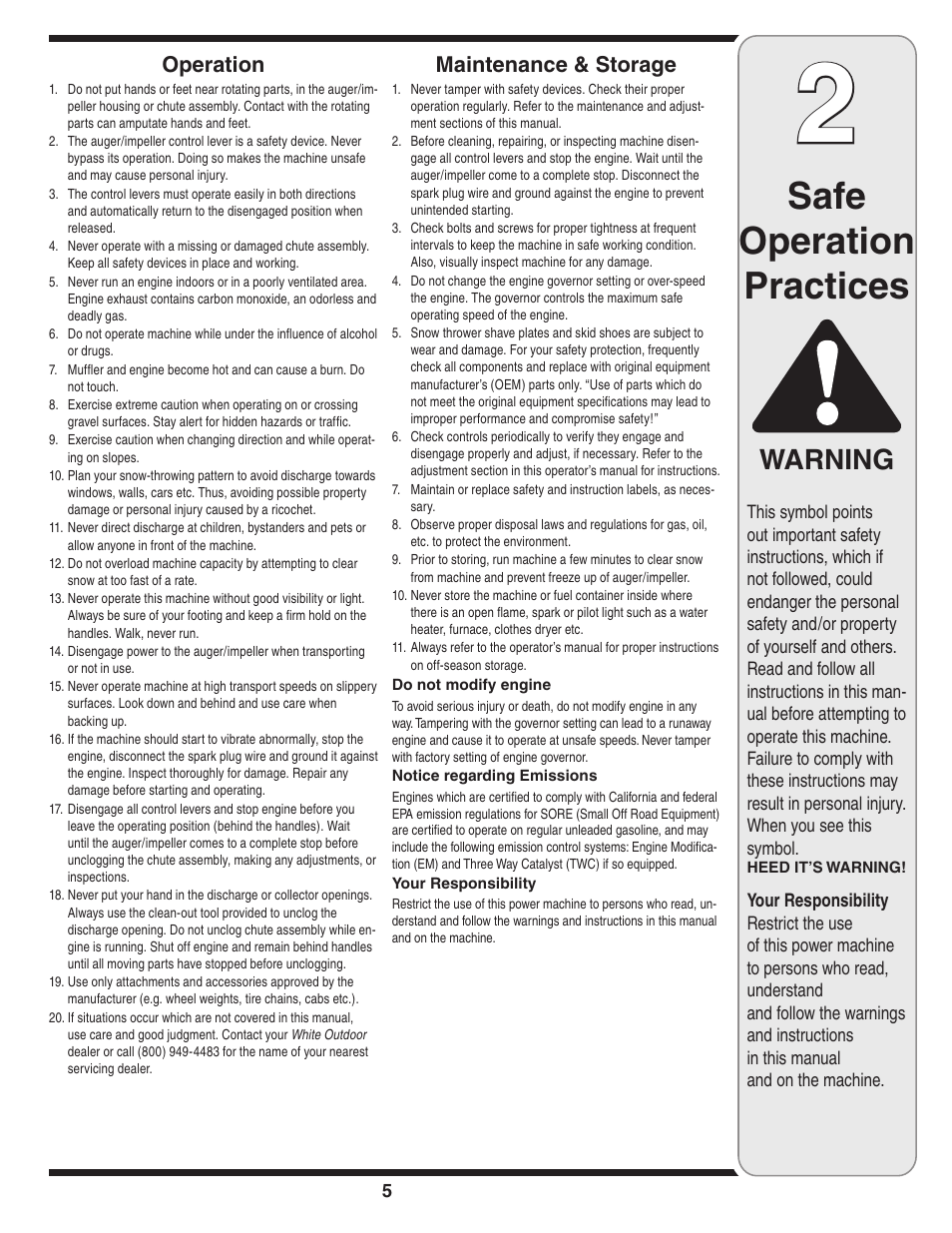 Safe operation practices, Warning, Operation | Maintenance & storage | MTD 235 User Manual | Page 5 / 20