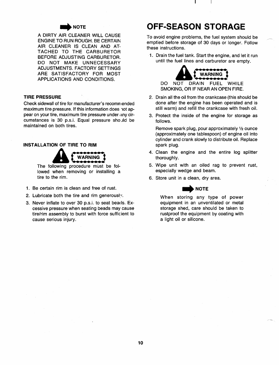 Note, Tire pressure, Installation of tire to rim | Ai warning, Warning i, Off-season storage | MTD 240-610-000 User Manual | Page 10 / 16