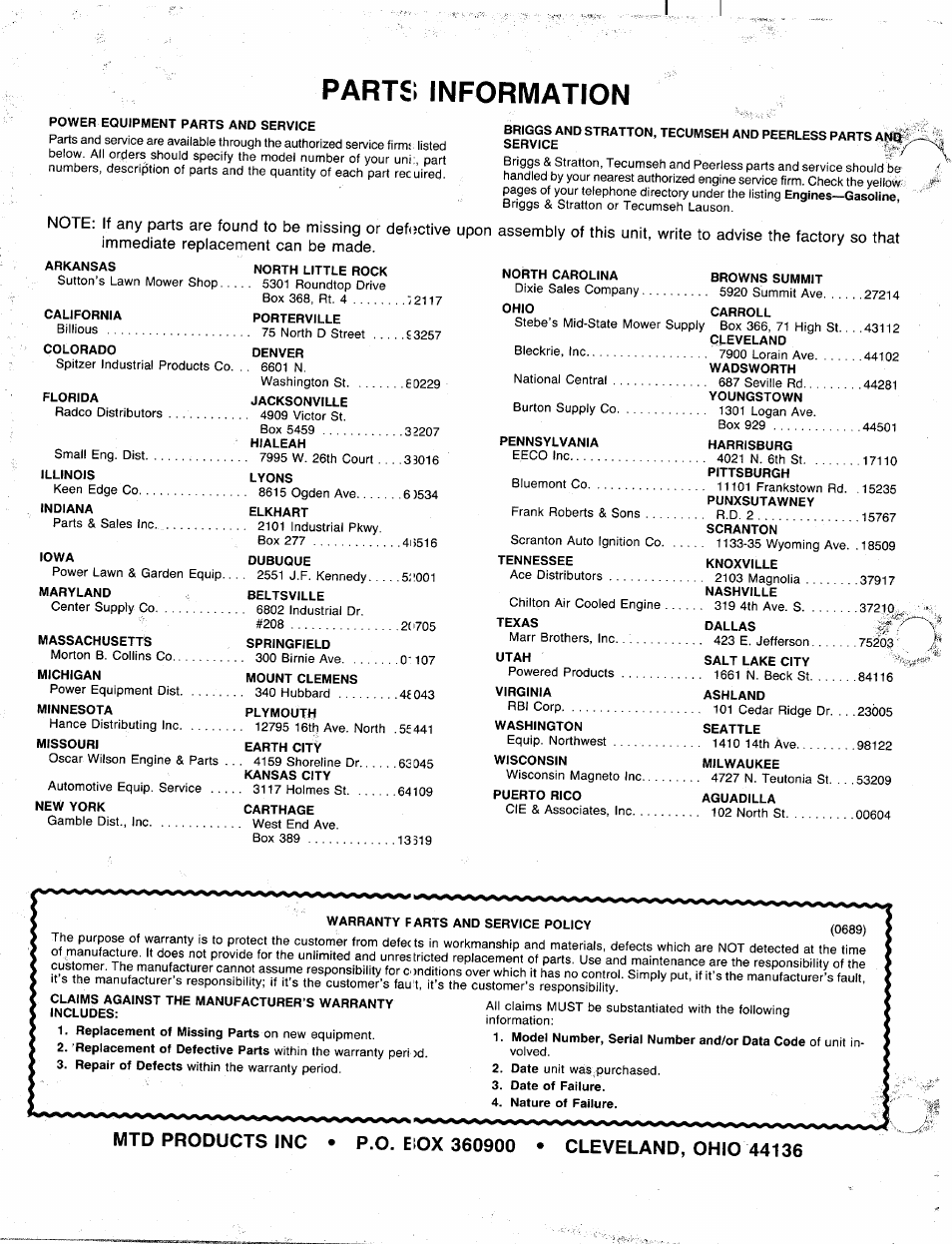 Parts, Information | MTD 240-610-000 User Manual | Page 16 / 16