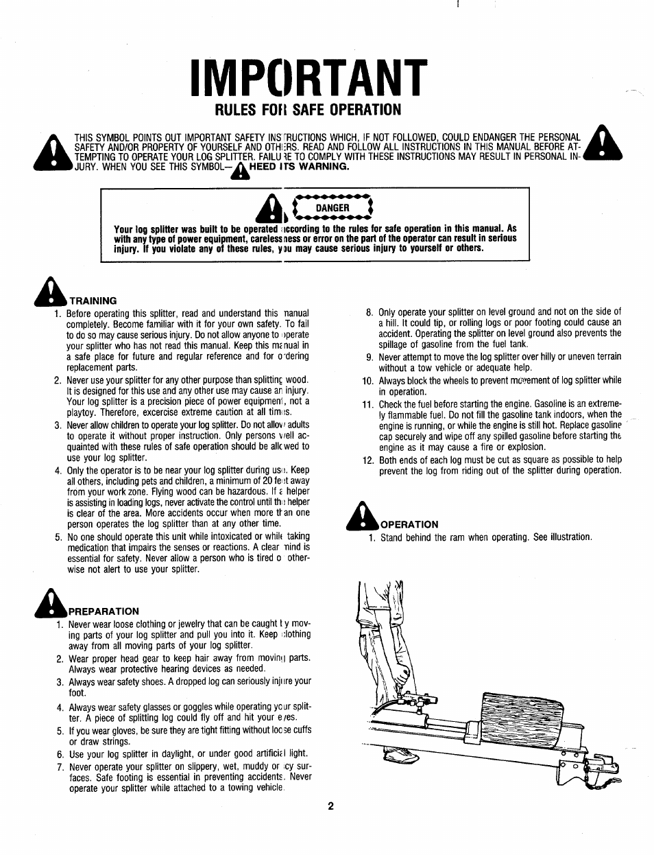 Danger, Important, Rules for safe operation | MTD 240-610-000 User Manual | Page 2 / 16