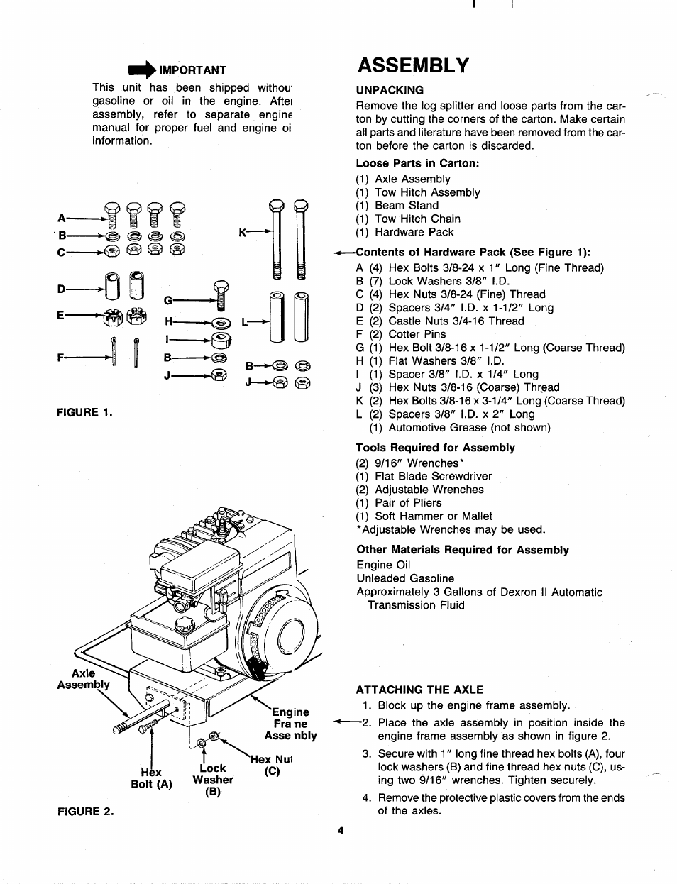 Important, Assembly, Figure 1 | Unpacking, Loose parts in carton, Attaching the axle | MTD 240-610-000 User Manual | Page 4 / 16