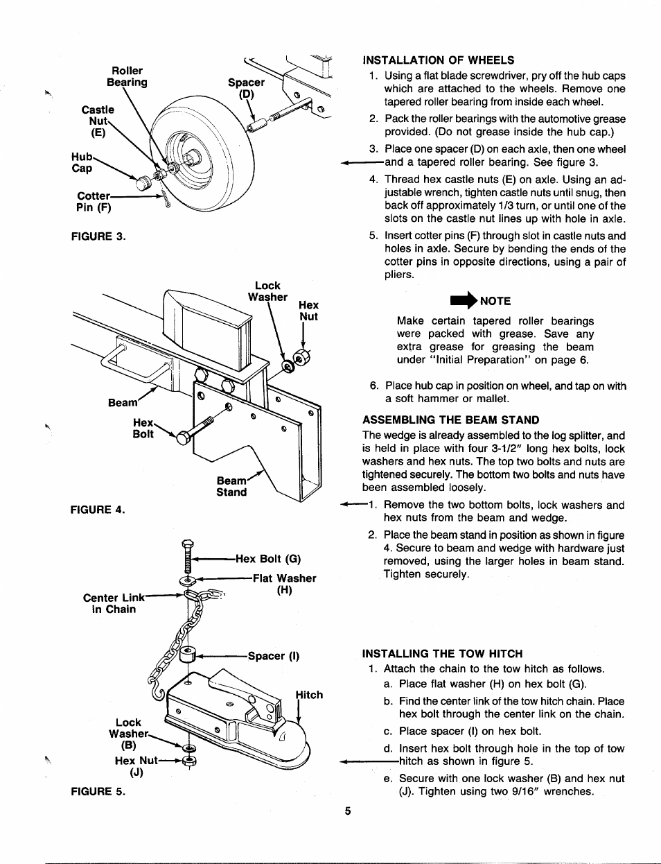 Installation of wheels, Assembling the beam stand, Installing the tow hitch | MTD 240-610-000 User Manual | Page 5 / 16