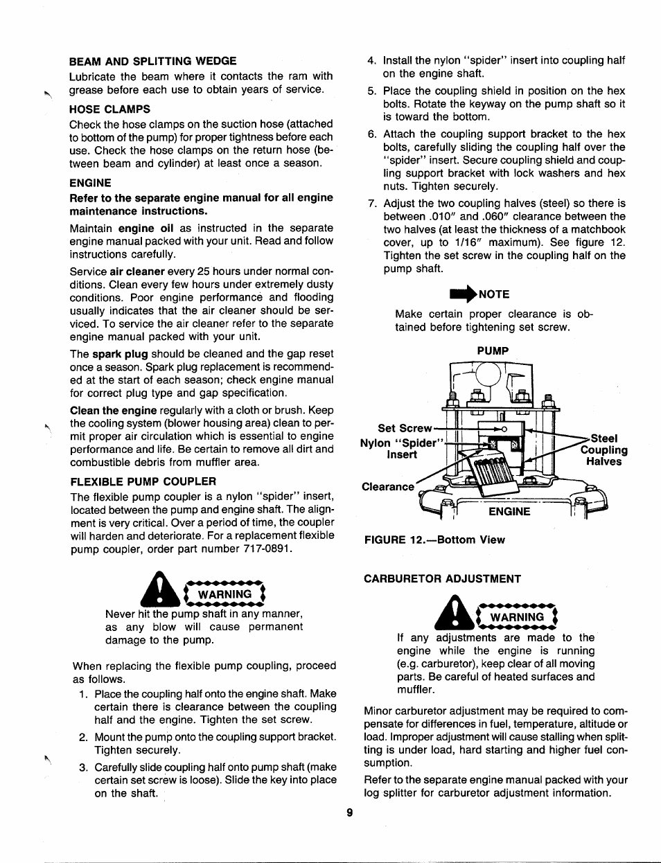 Beam and splitting wedge, Hose clamps, Engine | Flexible pump coupler, Warning j, Pump, Carburetor adjustment | MTD 240-610-000 User Manual | Page 9 / 16