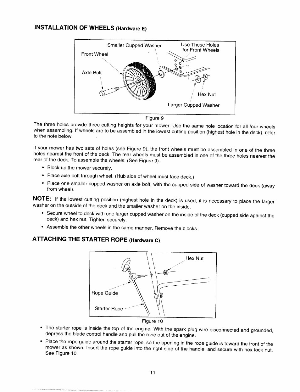 Installation of wheels (hardware e), Attaching the starter rope (hardware c) | MTD 060 Series User Manual | Page 11 / 20