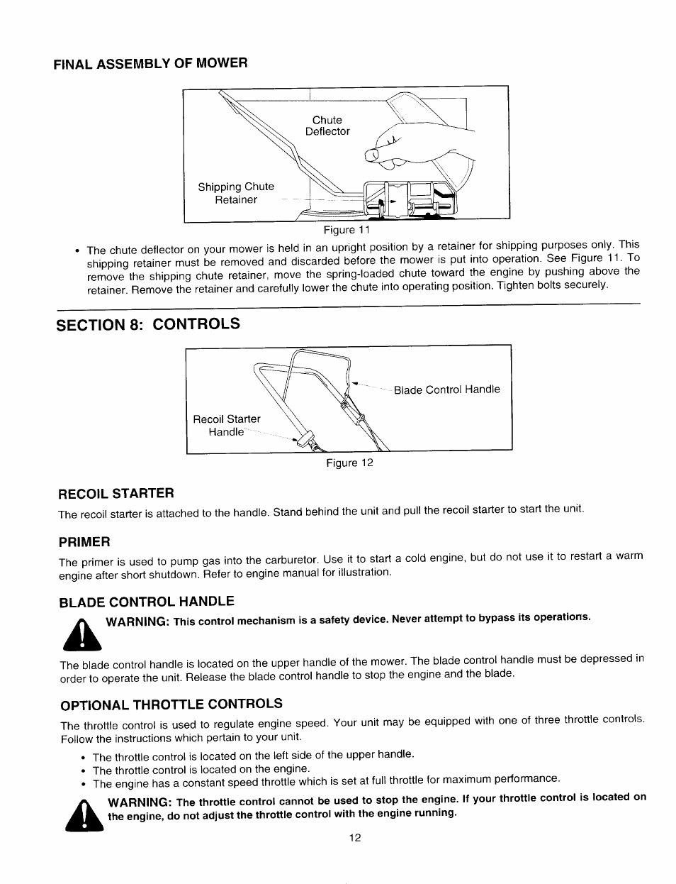 Final assembly of mower, Sections: controls, Recoil starter | Primer, Blade control handle, Optional throttle controls | MTD 060 Series User Manual | Page 12 / 20