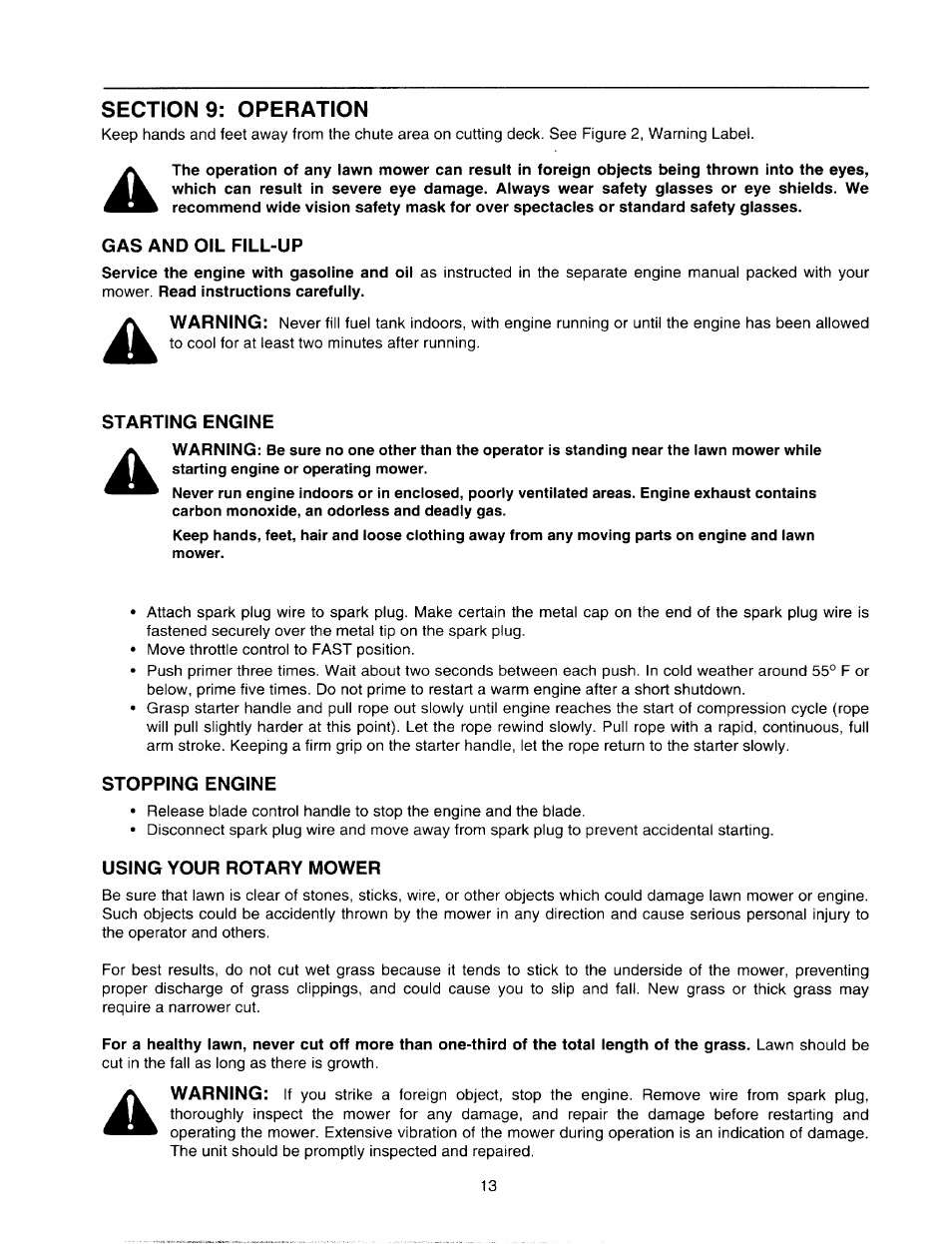 Sections: operation, Gas and oil fill-up, Starting engine | Stopping engine, Using your rotary mower | MTD 060 Series User Manual | Page 13 / 20