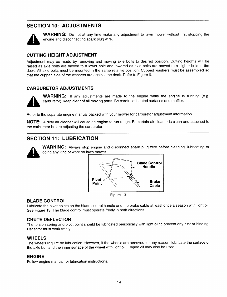 Cutting height adjustment, Carburetor adjustments, Section 11: lubrication | Blade control, Chute deflector, Wheels, Engine | MTD 060 Series User Manual | Page 14 / 20