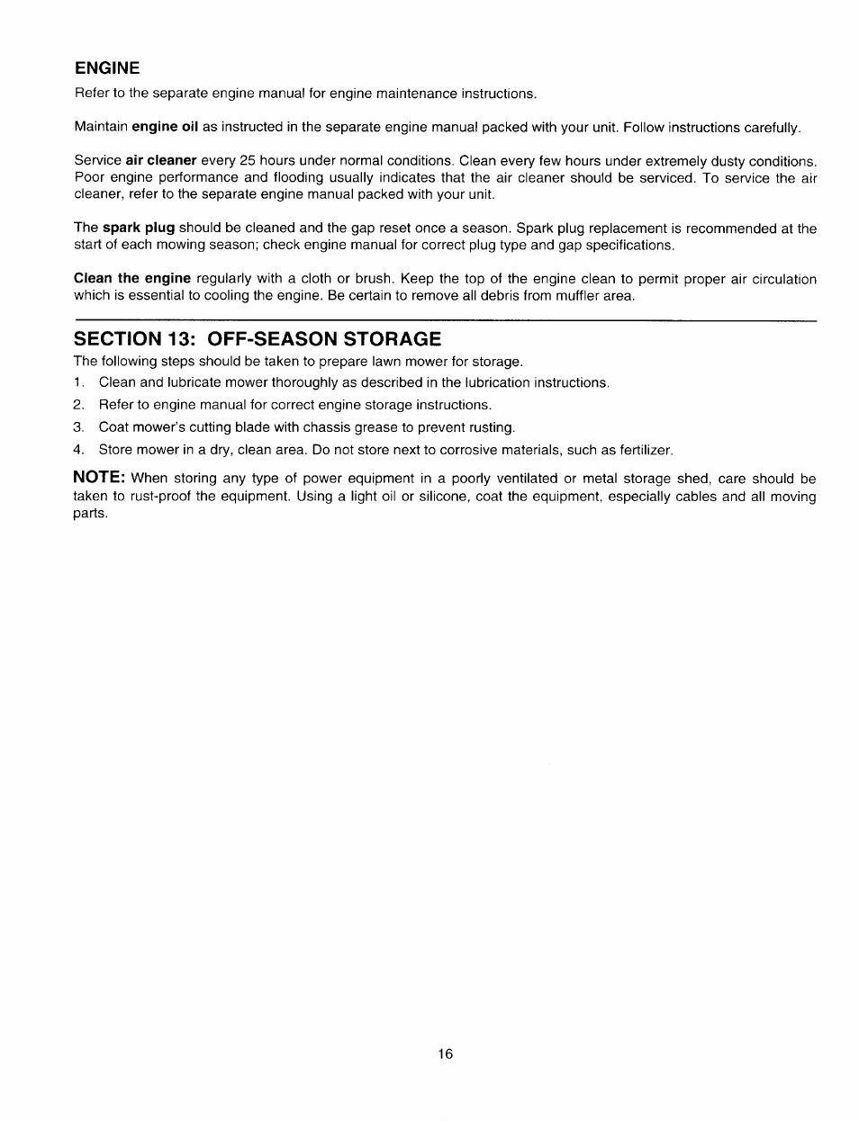 Engine, Section 13: off-season storage | MTD 060 Series User Manual | Page 16 / 20