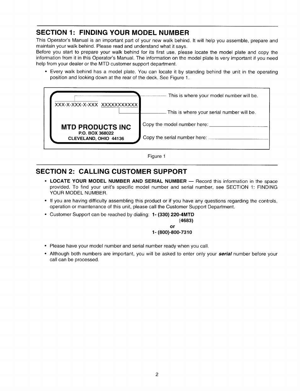 Mtd products inc, Section 2: calling customer support | MTD 060 Series User Manual | Page 2 / 20