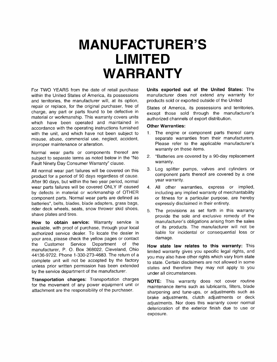 Units exported out of the united states: the, Other warranties, Manufacturer’s limited warranty | MTD 060 Series User Manual | Page 20 / 20