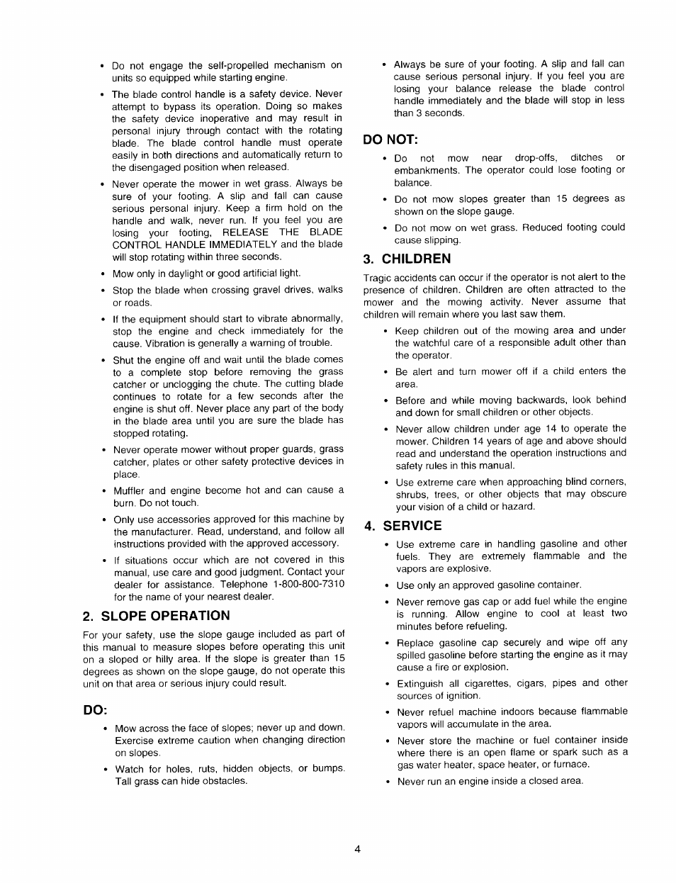 Slope operation, Do not, Children | Service | MTD 060 Series User Manual | Page 4 / 20