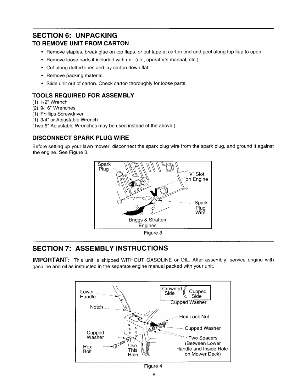 Sections: unpacking, To remove unit from carton, Tools required for assembly | Disconnect spark plug wire, Section 7: assembly instructions | MTD 060 Series User Manual | Page 8 / 20