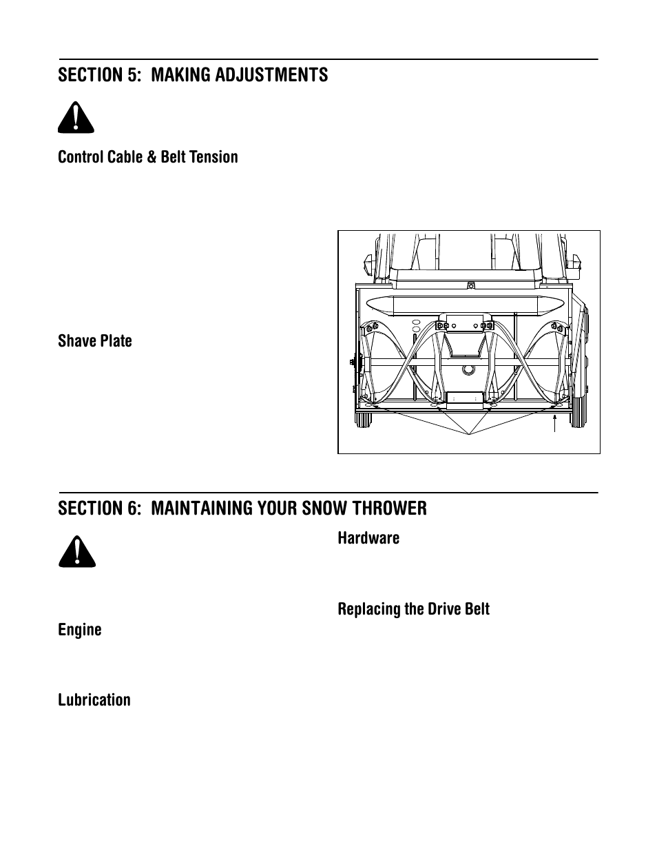 Control cable & belt tension, Shave plate, Engine | Lubrication, Hardware, Replacing the drive belt | MTD Series 140 thru 152 User Manual | Page 8 / 16