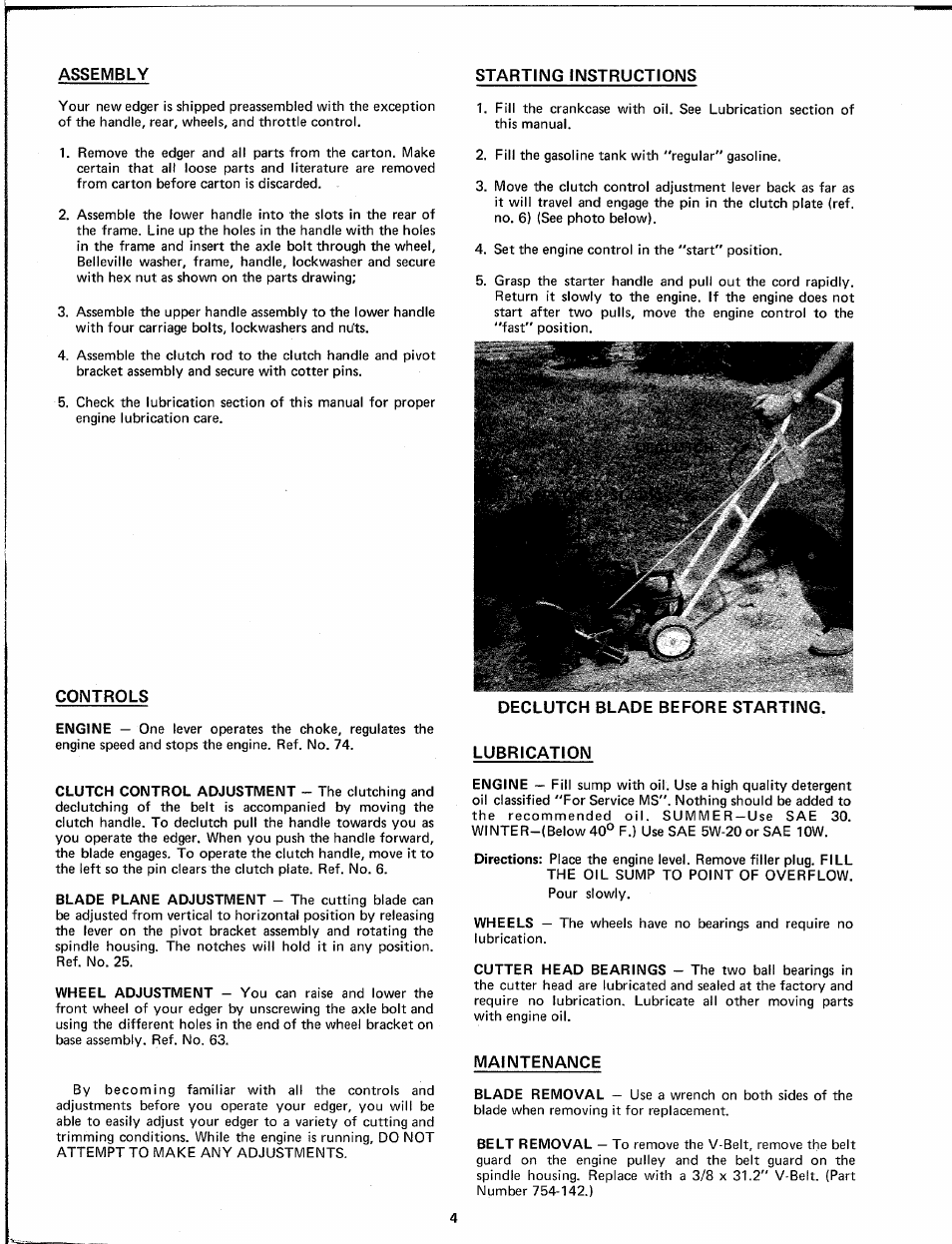 Controls, Declutch blade before starting, Lubrication | Maintenance | MTD 243-540 User Manual | Page 4 / 6