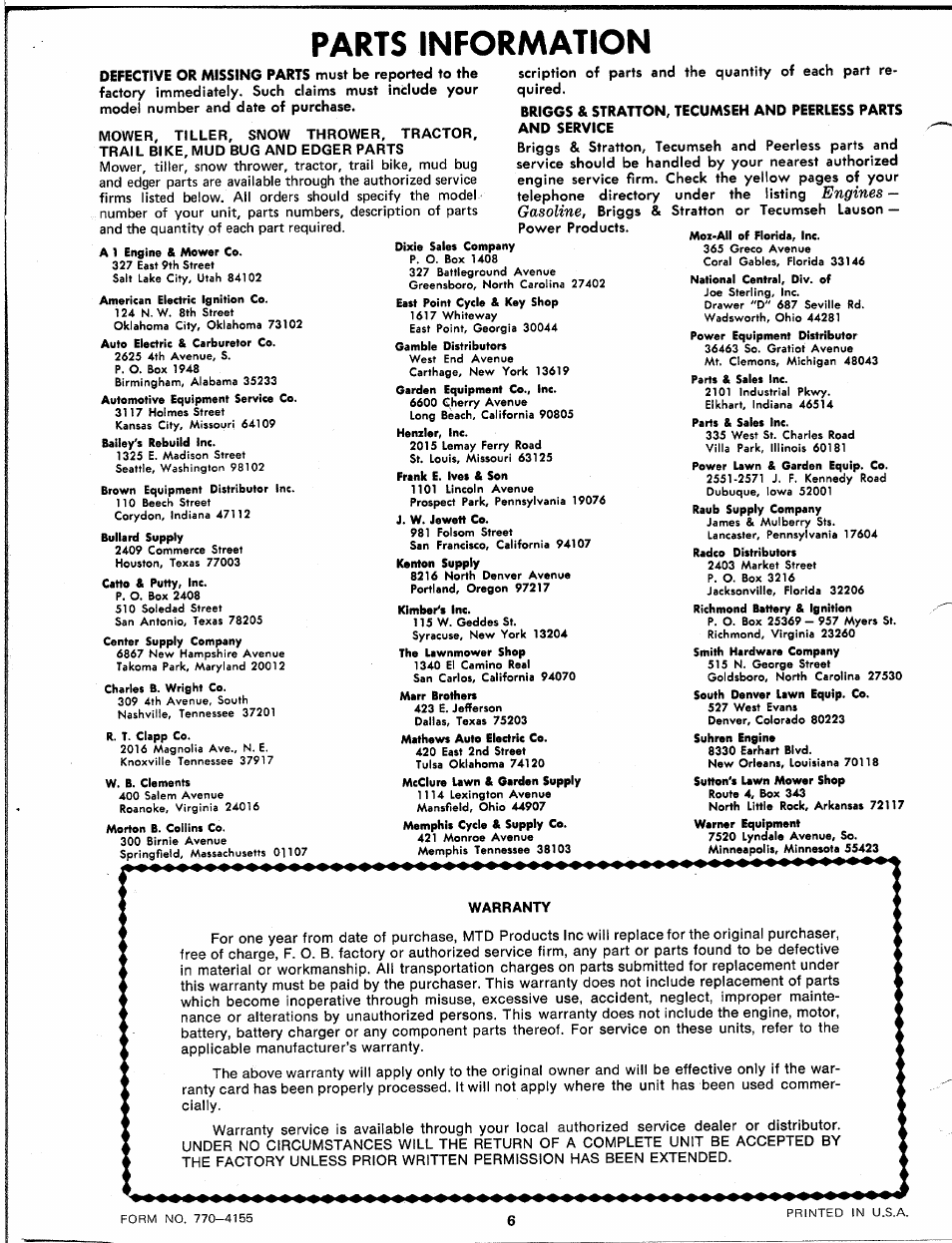 Parts information, Engines, Gasoline | MTD 243-540 User Manual | Page 6 / 6