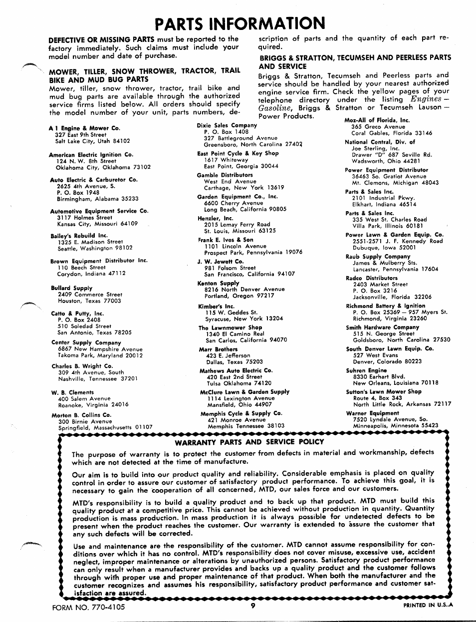 Parts information | MTD 243-680 User Manual | Page 9 / 9