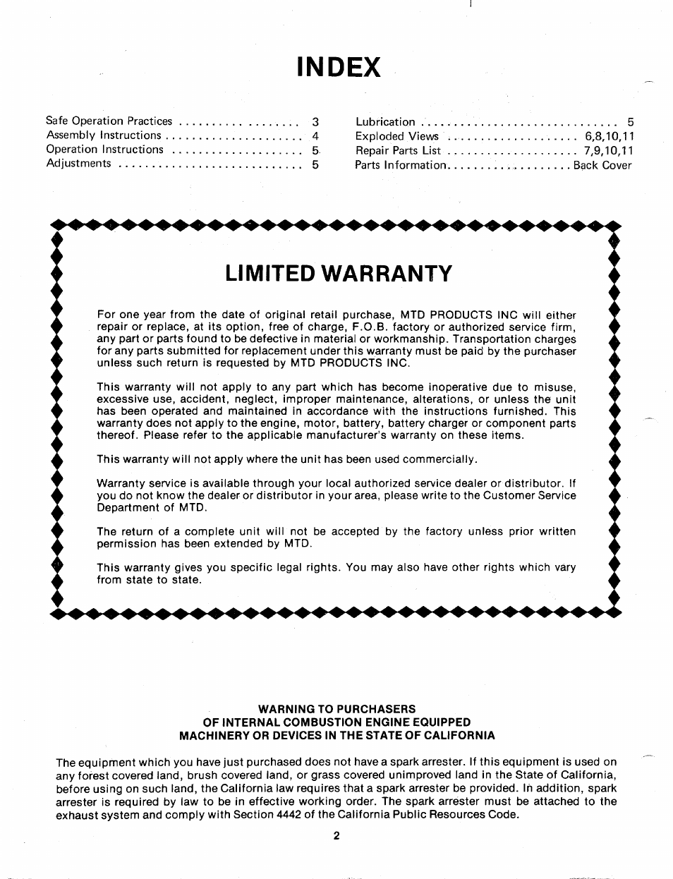 Index, Limited warranty | MTD 241-670A User Manual | Page 2 / 12