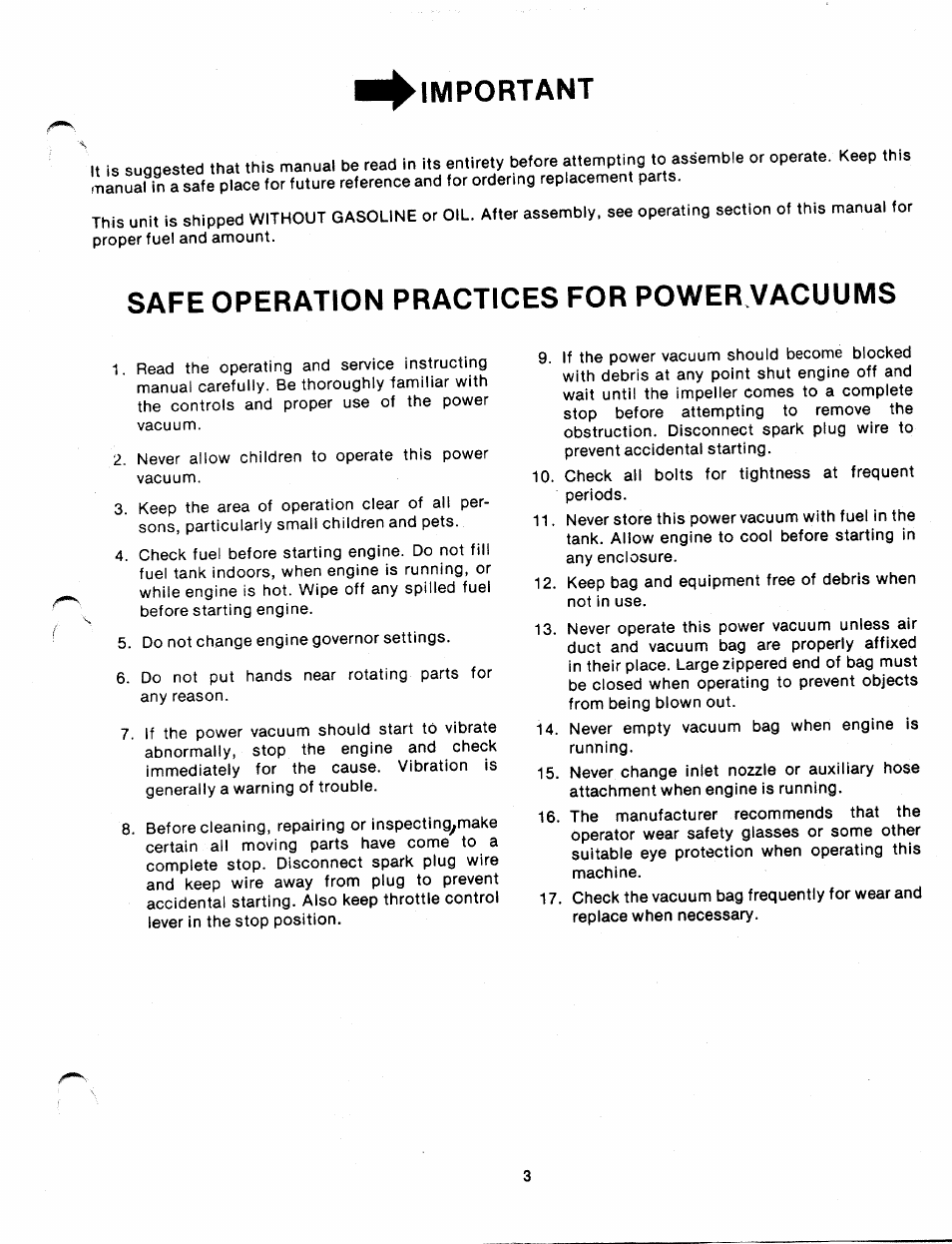 Important, Safe operation practices for power vacuums | MTD 241-670A User Manual | Page 3 / 12