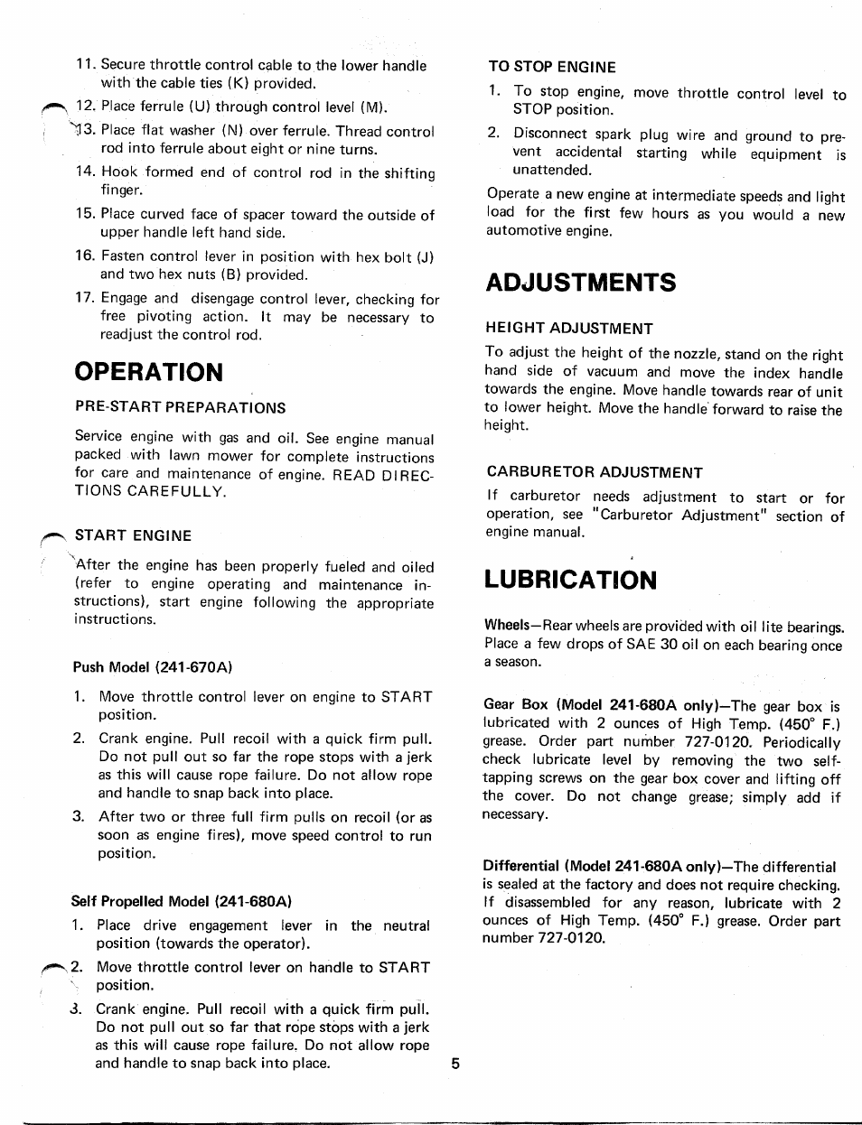 Operation, Pre-start preparations, Start engine | Push model (241-670a), Self propelled model (241-680a), To stop engine, Adjustments, Height adjustment, Carburetor adjustment, Lubrication | MTD 241-670A User Manual | Page 5 / 12