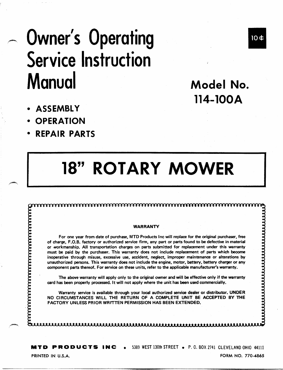 MTD 114-100A User Manual | 9 pages