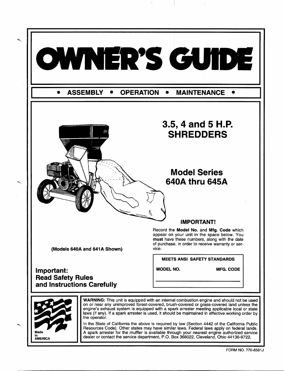 MTD 640A thru 645A User Manual | 12 pages