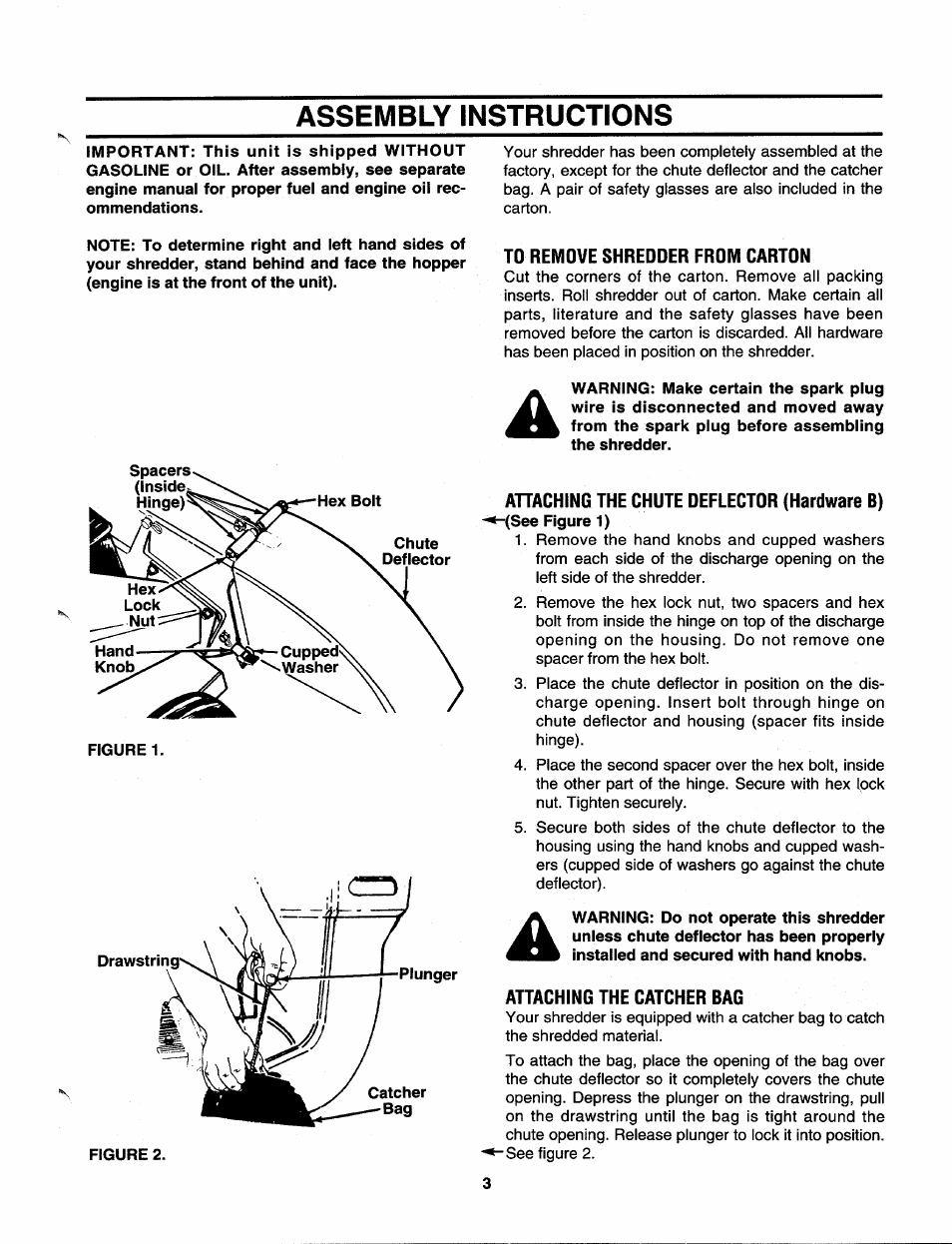 Assembly instructions, To remove shreooer from carton, Anaching the chute deflector (hardware b) | Attaching the catcher bag | MTD 640A thru 645A User Manual | Page 3 / 12