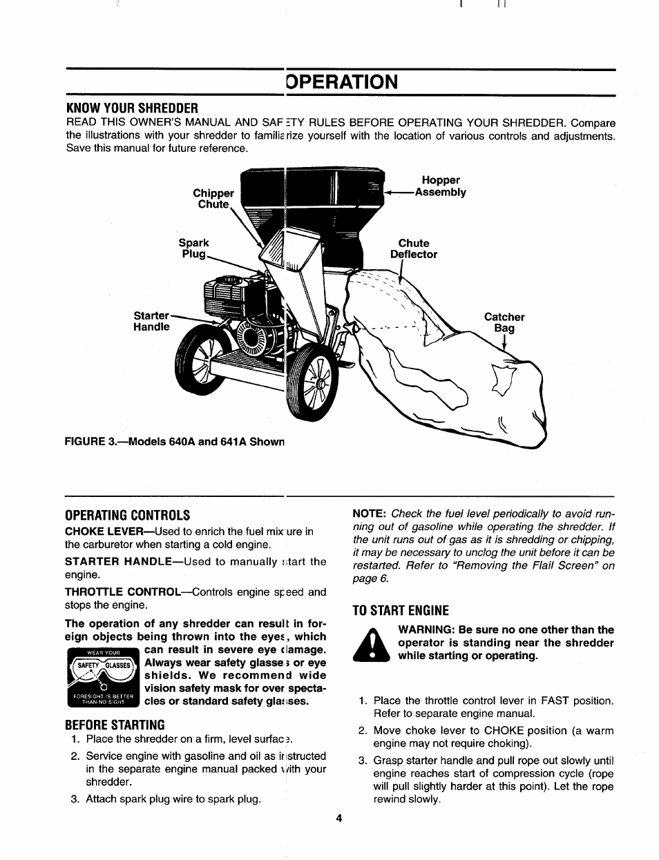 Operation, Know your shreoder, Operating controls | Before starting, To start engine | MTD 640A thru 645A User Manual | Page 4 / 12