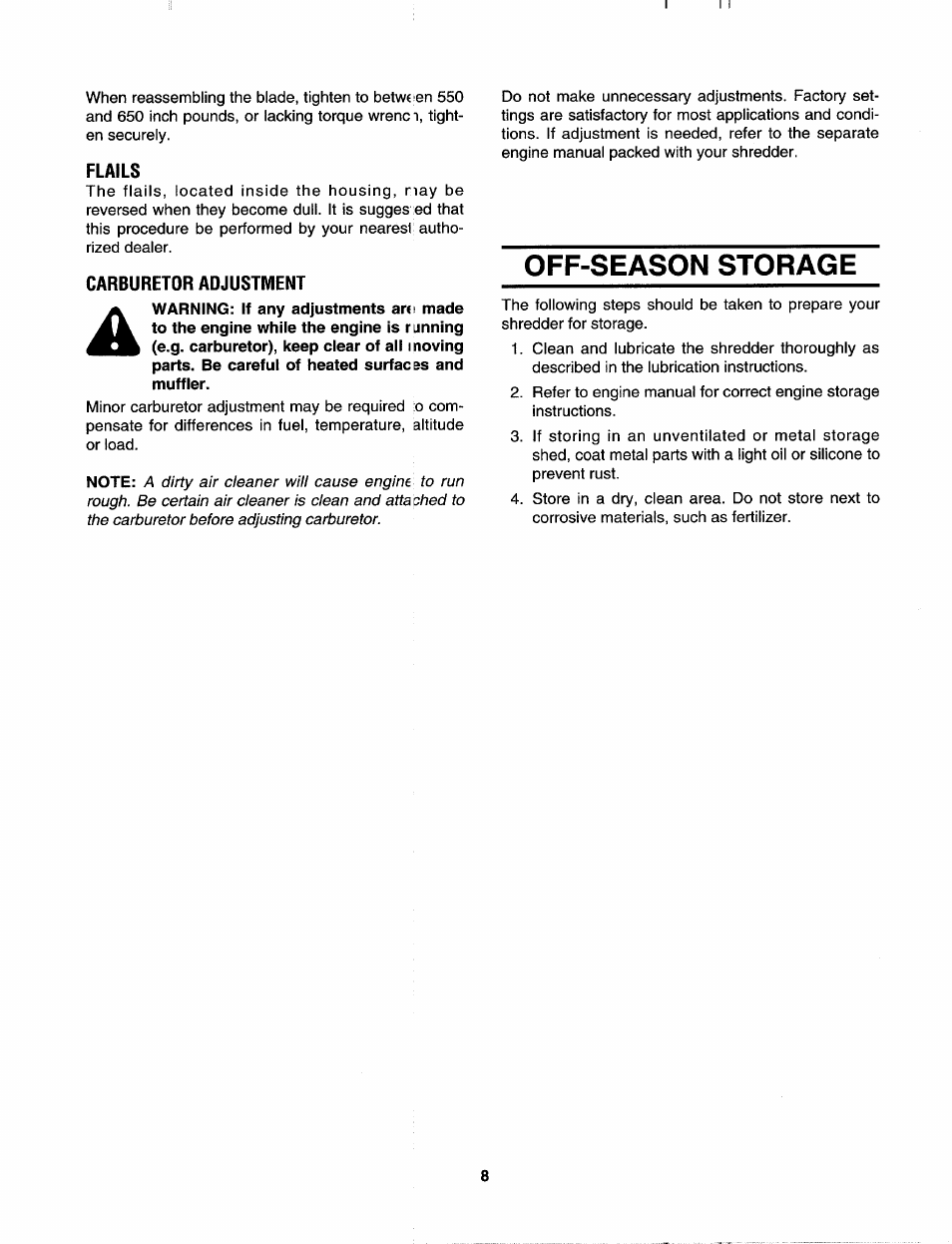 Flails, Carburetor adjustment, Off-season storage | MTD 640A thru 645A User Manual | Page 8 / 12