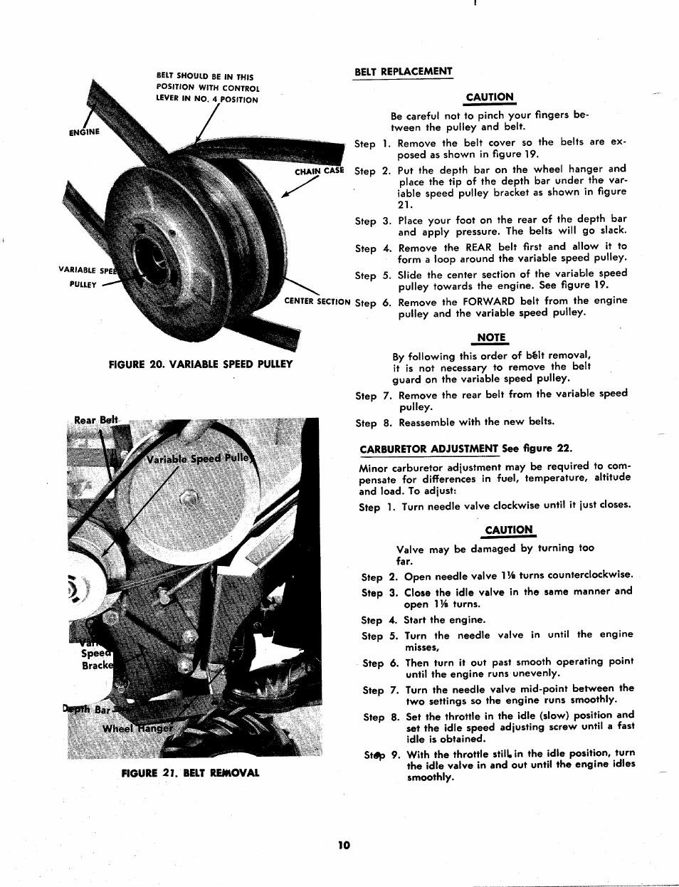 Belt replacement, Caution, Note | Carburetor adjustment see figure 22 | MTD 215-395A User Manual | Page 10 / 16