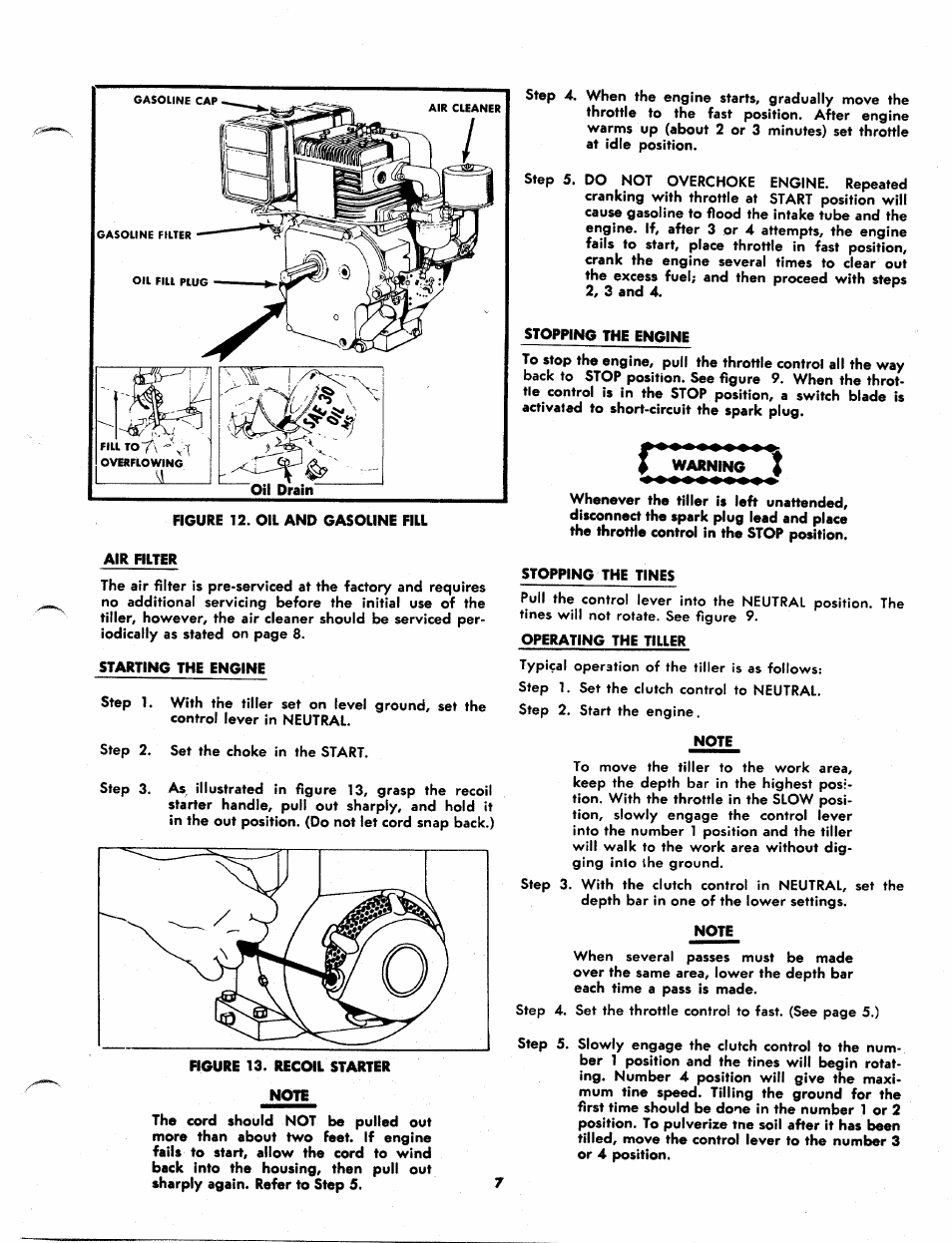 Stopping the engine, Air filter, Starting the engine | Stopping the tines, Operating the tiller, Note | MTD 215-395A User Manual | Page 7 / 16