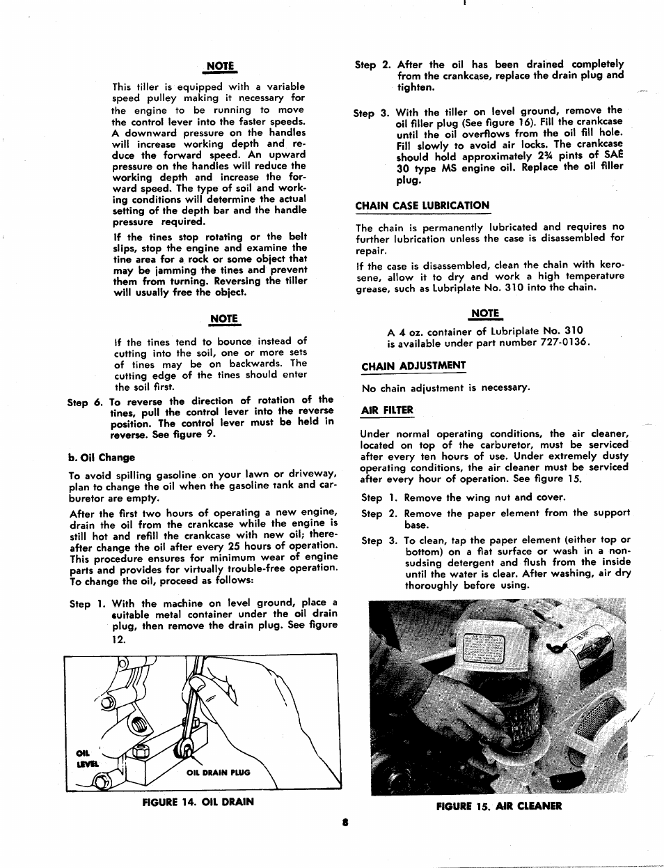 Note, B. oil change, Chain case lubrication | Chain adjustment, Air filter | MTD 215-395A User Manual | Page 8 / 16