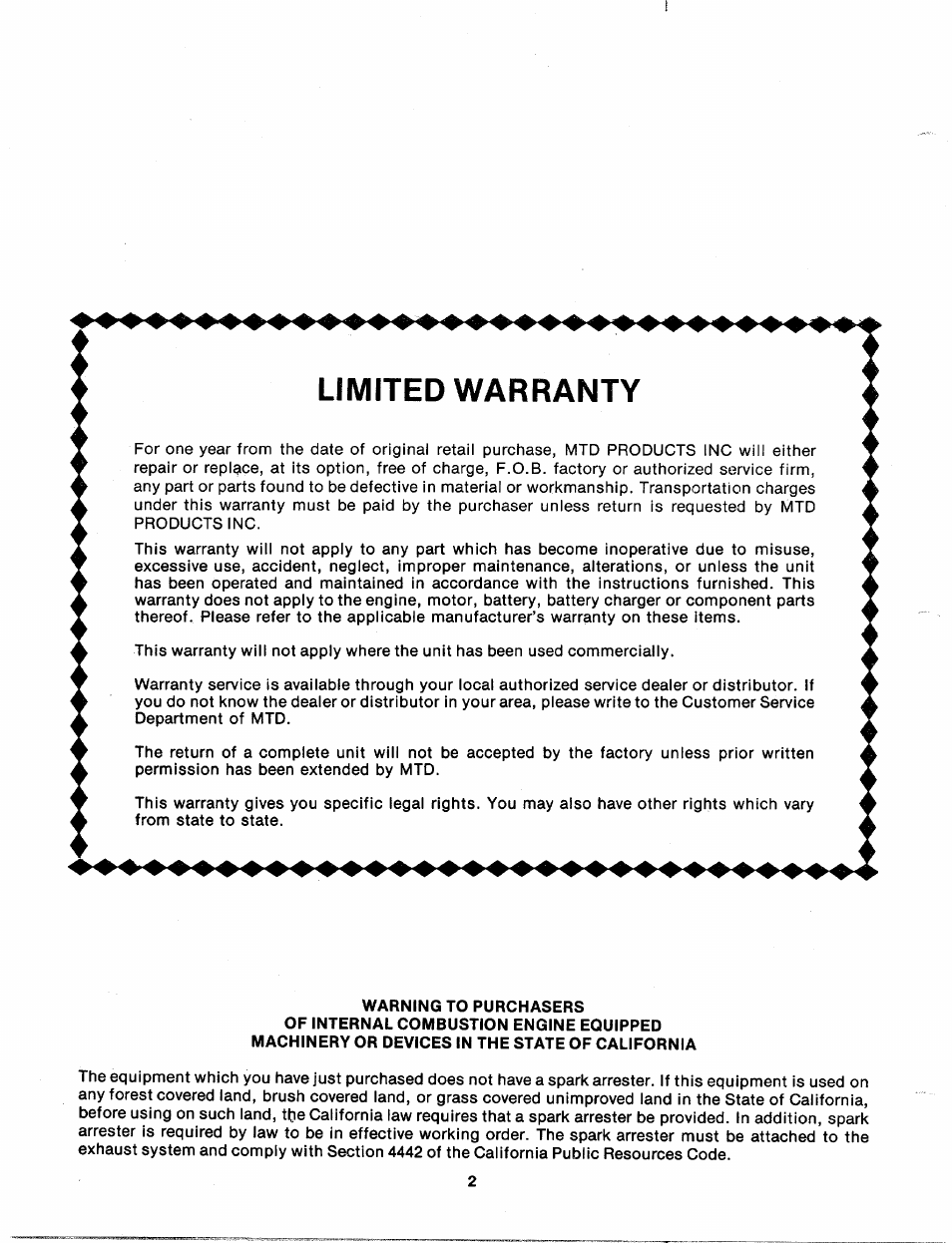 Limited warranty | MTD 219-100A User Manual | Page 2 / 20