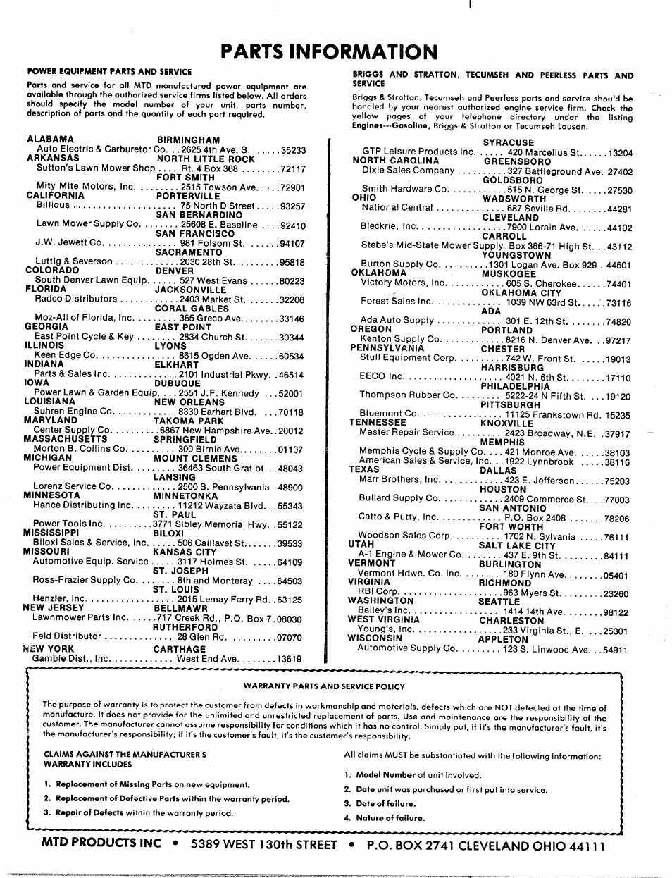 Parts information | MTD 219-100A User Manual | Page 20 / 20