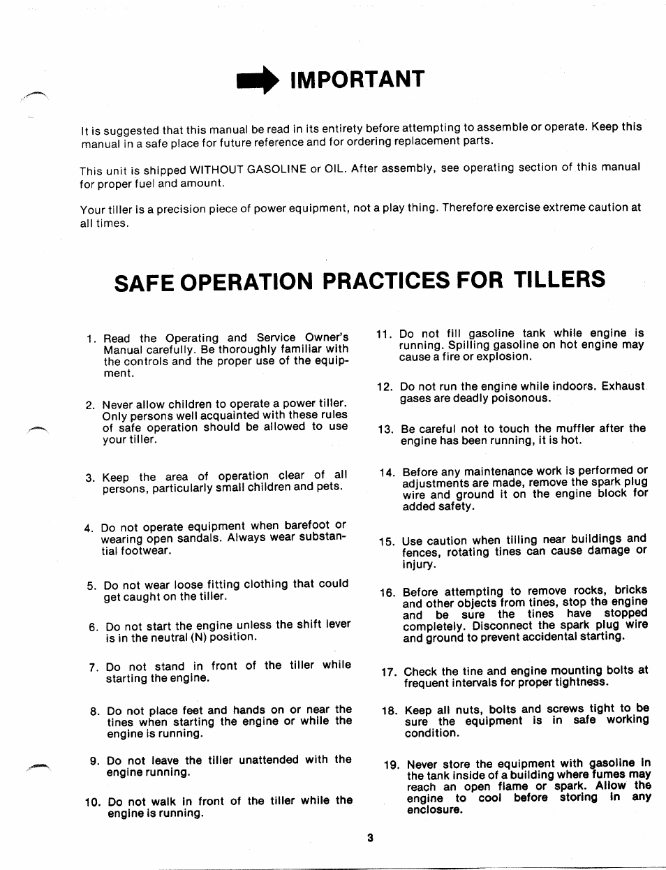 Important, Safe operation practices for tillers | MTD 219-100A User Manual | Page 3 / 20