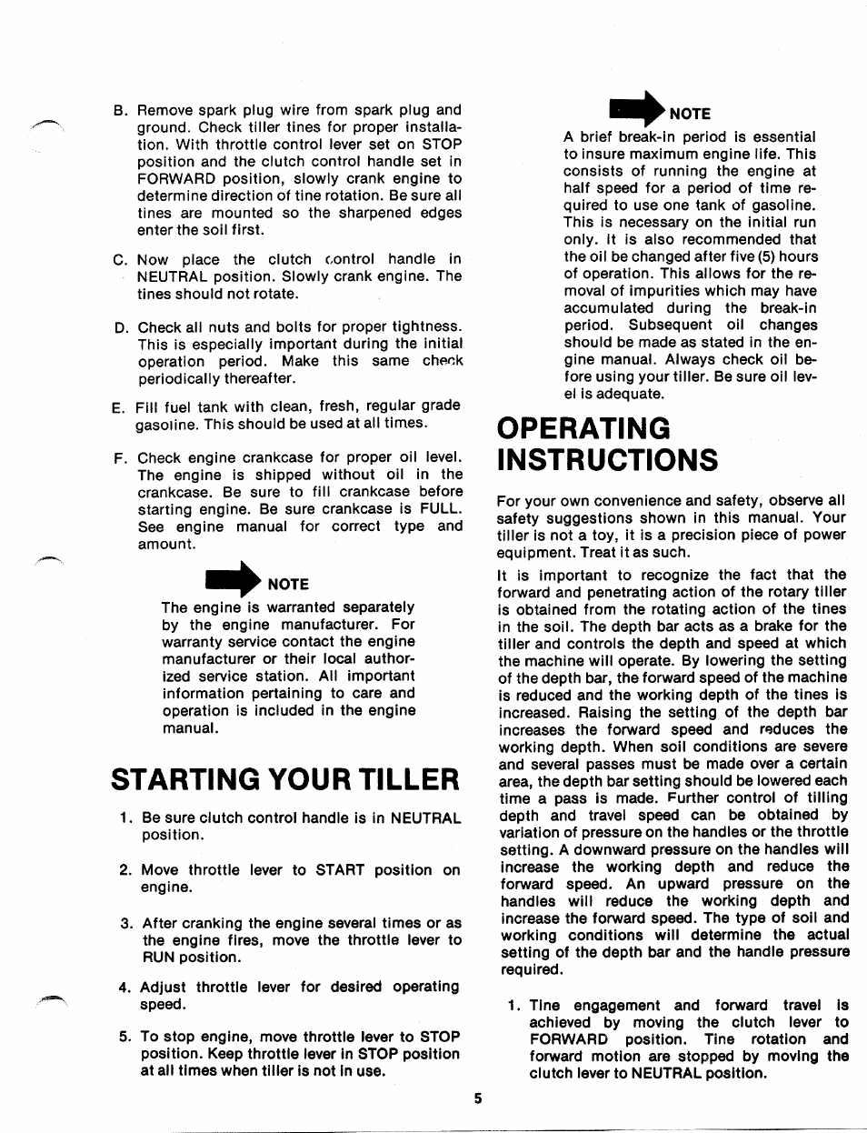 Starting your tiller, Operating, Instructions | Operating instructions | MTD 219-100A User Manual | Page 5 / 20