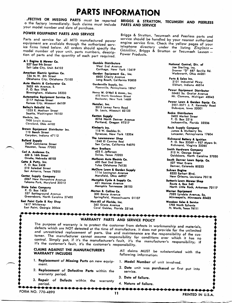 Power equipment parts and service, Warranty parts and service policy, Date of failure | Parts information, Engines, Gasoline | MTD 244-670A User Manual | Page 11 / 12