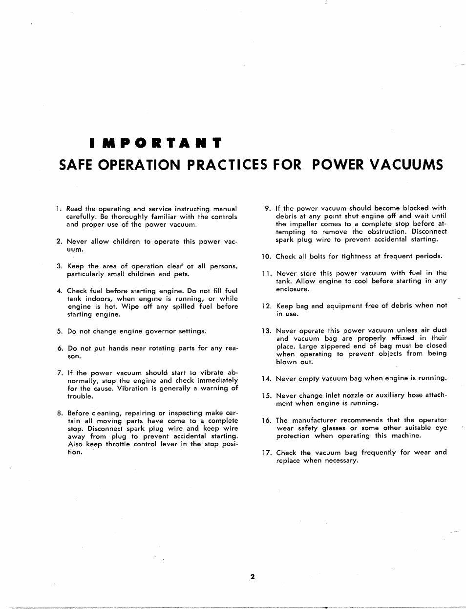 Safe operation practices for power vacuums | MTD 244-670A User Manual | Page 2 / 12