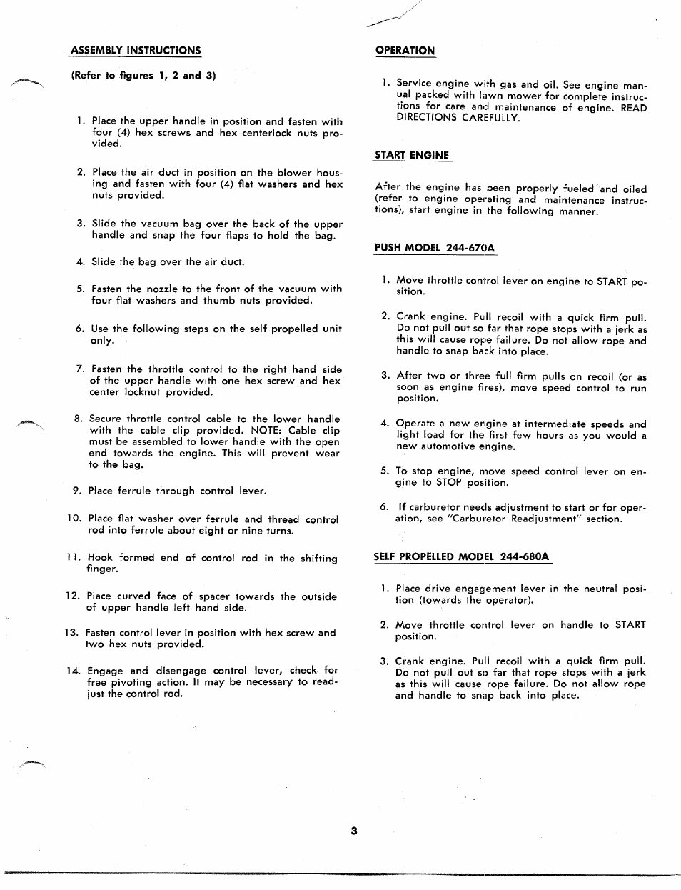 Refer to figures 1, 2 and 3), Start engine, Push model 244-670a | Self propelled model 244-680a | MTD 244-670A User Manual | Page 3 / 12