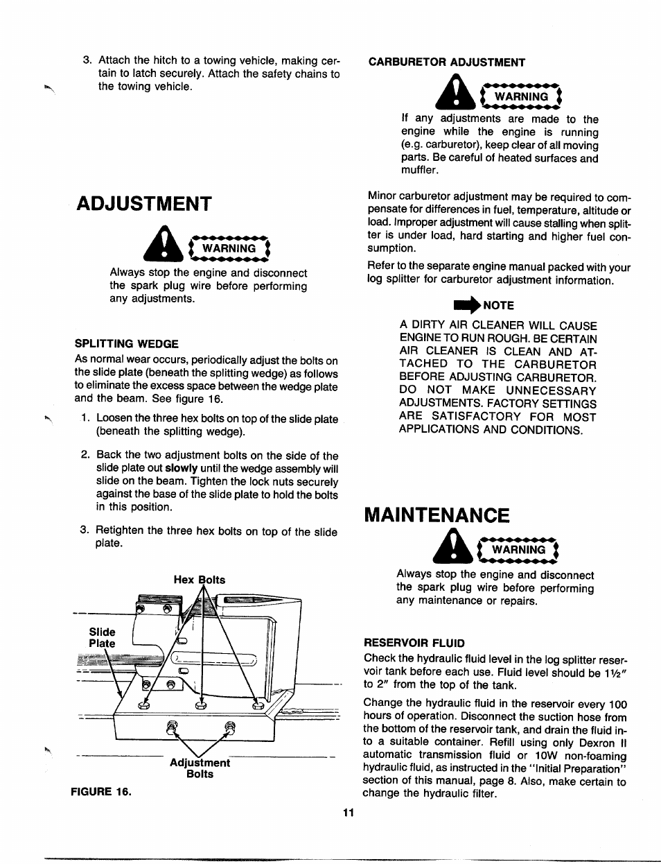 Carburetor adjustment, Adjustment, Splitting wedge | Note, Maintenance, Reservoir fluid, Ac warnin | MTD 241-622-000 User Manual | Page 11 / 20