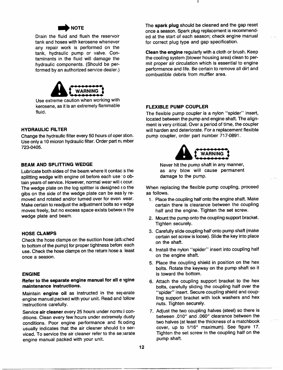 Note, Warning, Hydraulic filter | Beam and splitting wedge, Hose clamps, Engine, Flexible pump coupler | MTD 241-622-000 User Manual | Page 12 / 20