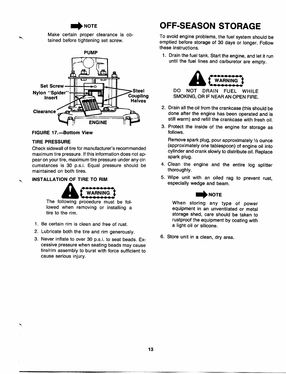 Note, Pump, Warning | Off-season storage | MTD 241-622-000 User Manual | Page 13 / 20