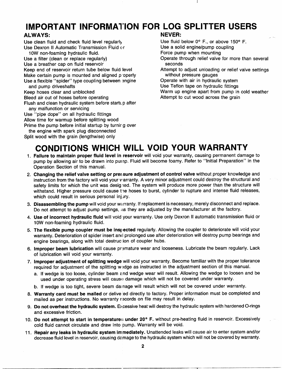 Important information, Conditions which will void your warranty, For log splitter users | MTD 241-622-000 User Manual | Page 2 / 20