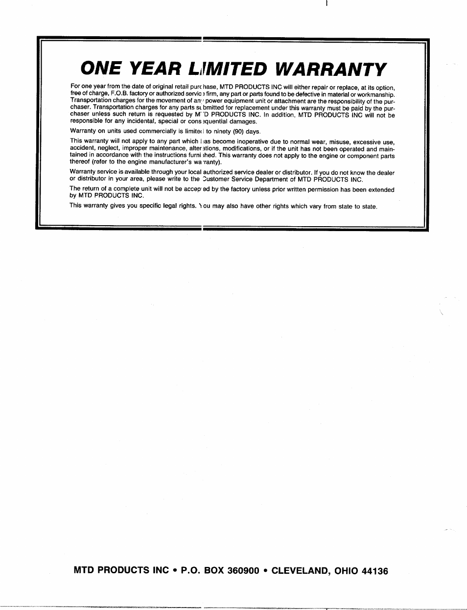 One year limited warranty | MTD 241-622-000 User Manual | Page 20 / 20