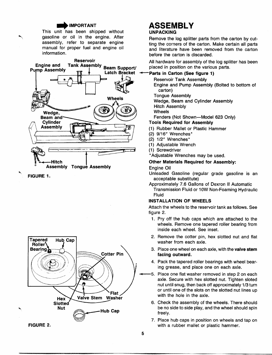 Important, Assembly, Unpacking | Installation of wheels | MTD 241-622-000 User Manual | Page 5 / 20