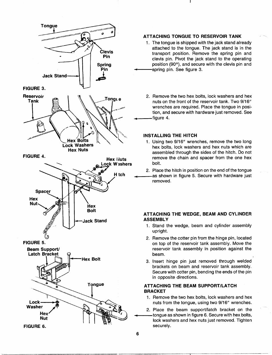 Attaching tongue to reservoir tank, Installing the hitch, Attaching the wedge, beam and cylinder assembly | Attaching the beam support/latch bracket | MTD 241-622-000 User Manual | Page 6 / 20