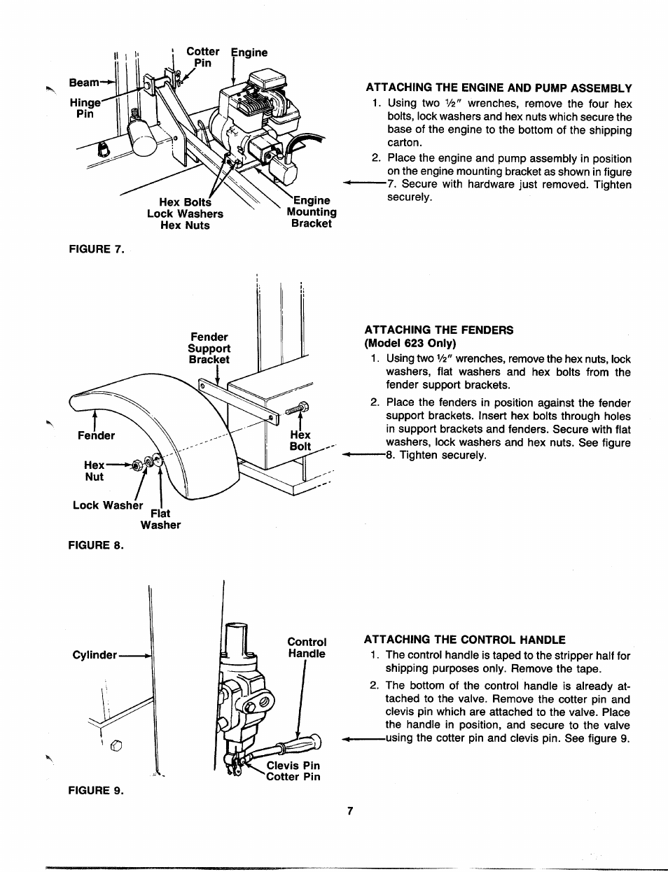 Attaching the engine and pump assembly, Attaching the fenders (model 623 only), Attaching the control handle | MTD 241-622-000 User Manual | Page 7 / 20