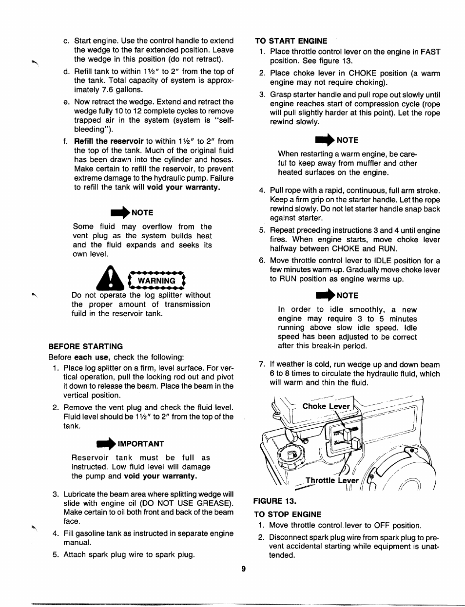 Note, Before starting, 1^ important | To start engine, To stop engine | MTD 241-622-000 User Manual | Page 9 / 20