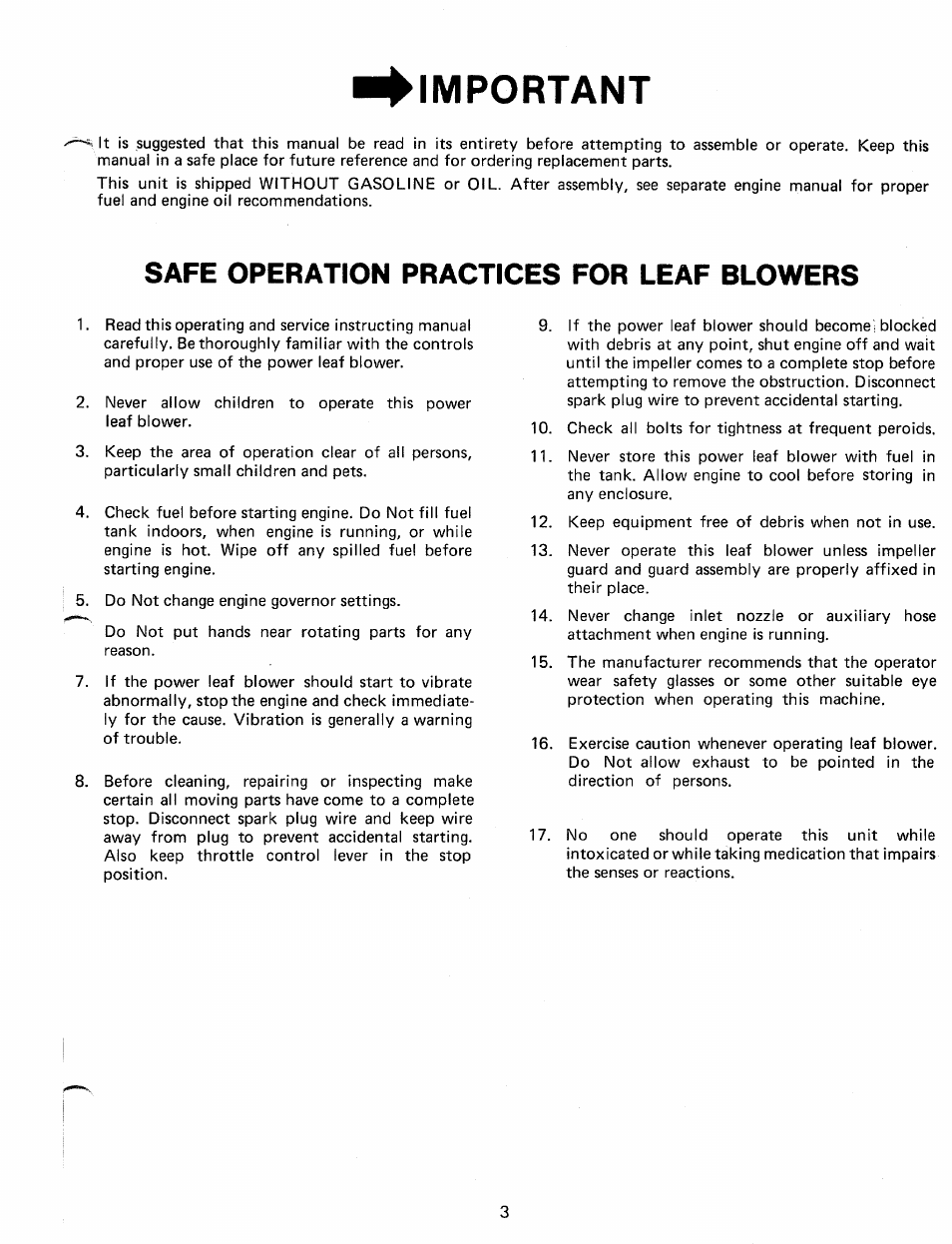 Important, Safe operation practices for leaf blowers | MTD 249-692-000 User Manual | Page 3 / 10