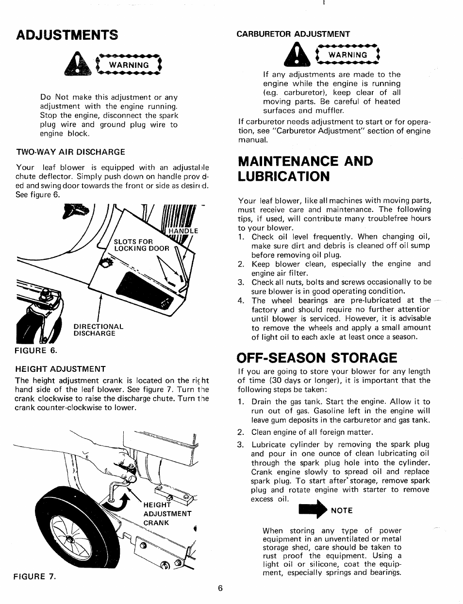 Adjustments, Carburetor adjustment, I warning i | Two-way air discharge, Height adjustment, A i warning, Maintenance and lubrication, Off-season storage, Note | MTD 249-692-000 User Manual | Page 6 / 10