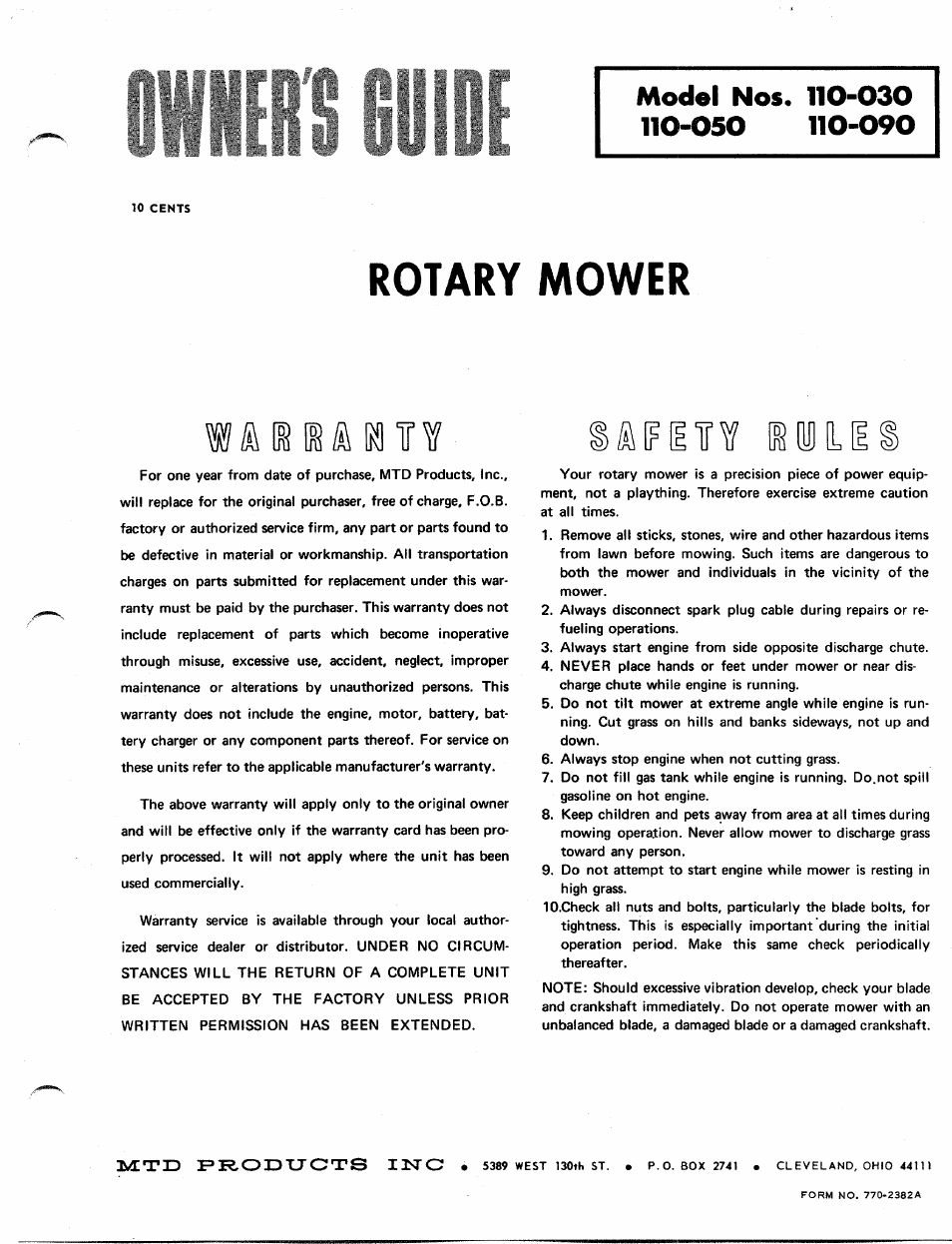 MTD 110-030 User Manual | 4 pages